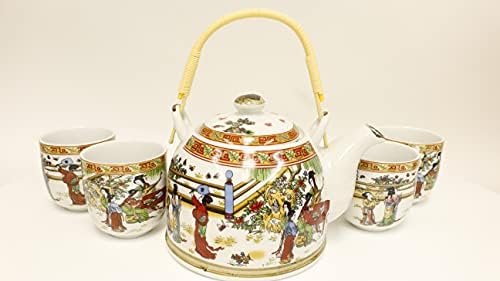 美 图 图 图 bule de cerâmica pintado à mão antiga com 4 xícaras de chá pretas verdes ~ Mulheres chinesas Pintura projetada