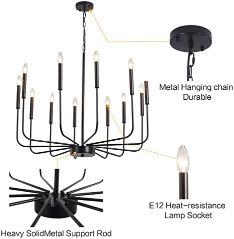 Lwytjo Black Chandelier, 12 luzes Light Light Farmhouse Classic Candle Teto Pingente Frept para sala de jantar, sala de estar, ilha