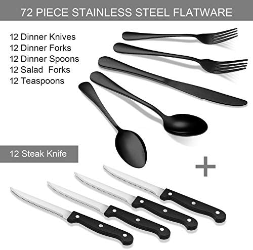 Conjunto de talheres pretos, UMite Chef 72 Peça Conjunto de talheres de aço inoxidável, serviço de talheres de cozinha para 12, utensílios de alimentação de mesa Conjunto com facas de bife para casa e restaurante, lava -louças