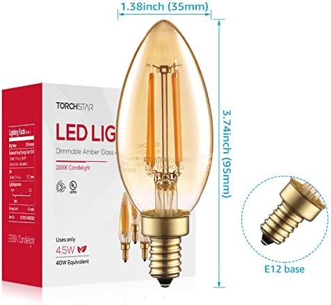 Torchstar Dimmable E12 Led Bulbs Candelabra, lâmpada de lustre LED C11/B11, UL listado, 2200k âmbar quente, 4,5w, 350lm, lâmpadas de ventilador de teto, lâmpadas úmidas, localização úmida, garantia de 3 anos, pacote de 6