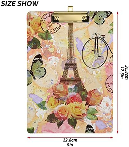Vintage Eiffel Tower Roses Bicicleta Butterfly Clock Plástico Plástico Placa A4 Tamanho da letra PVC Placa de redação com quadro de clipe de metal de prata de baixo perfil para a escola, escritório de 12,5x9 polegadas