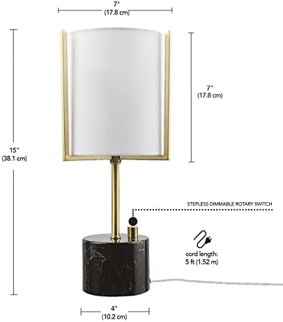 Globe Electric 67532 15 Lâmpada de mesa, latão fosco, base de mármore faux preto, tonalidade de linho branco, interruptor escuro rotativo escasso na base, decoração em casa, lâmpada de mesa para sala de estar, mesa de cabeceira, decoração de quarto