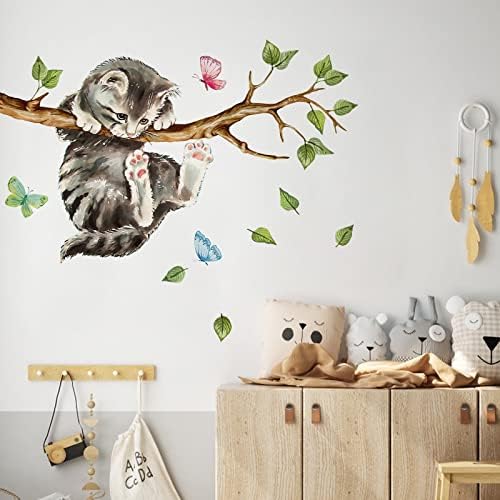 Yovkky Gato em galhos de árvores Decalques de parede adesivos, decoração de berçário de animais de gatinho, folhas verdes de crianças decorações de casa de quarto