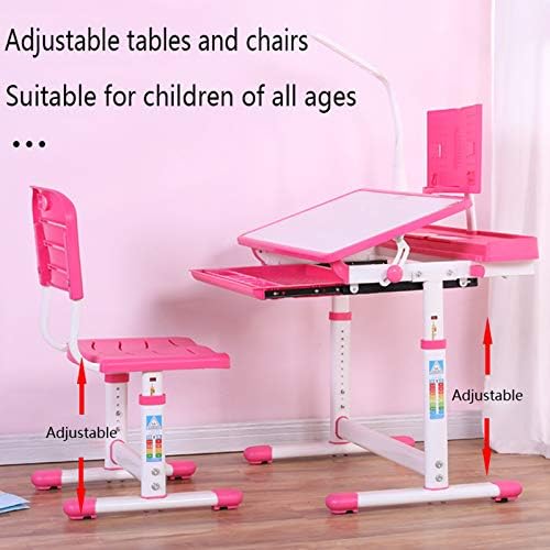 WGWioo Children's Study Desk and Cader Set, Anti-Slip Altura Ajuste Tabela de Aprendizagem Com Stand e Lâmpada LED para meninos, Pink
