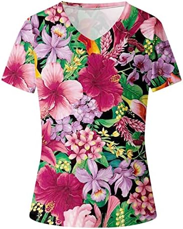 Tops florais para mulheres Manga curta Blusa da primavera de primavera 3D Summer V Neck Hawaiian Shirts Casual Praia solta Tshirts