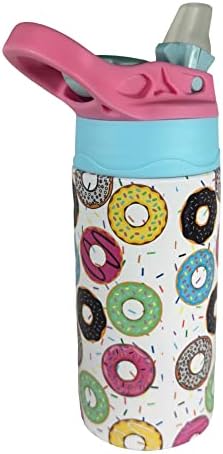 Kids Bottle de água inoxidável reutilizável com tampa de palha, loop de transporte, copo isolado, prova de vazamento, aço inoxidável com palha de silicone, 12 onças, rosa e azul, rosquinhas, rosquinhas