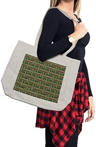 Bolsa de compras de cacto de Ambesonne, cacto Saguaro, estilo de desenho animado, no fundo do zigue-zague, bolsa reutilizável ecológica