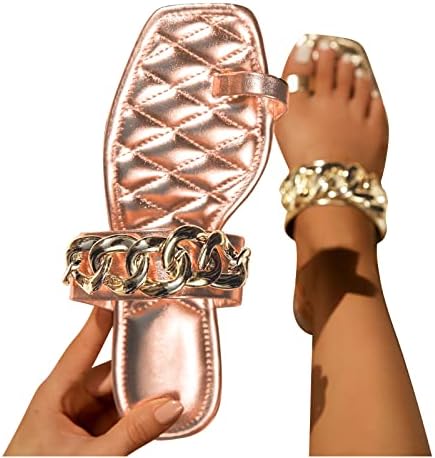 Flipers de verão para mulheres férias casuais quadrados de dedão decorativa de fivela de metal de metal soldado coloração plana de sandálias de praia plana