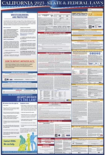 2023 Poster das Leis do Estado e Federal do Estado da Califórnia - Compatível do Local de Trabalho da OSHA 24 x 36 - tudo em uma postagem necessária