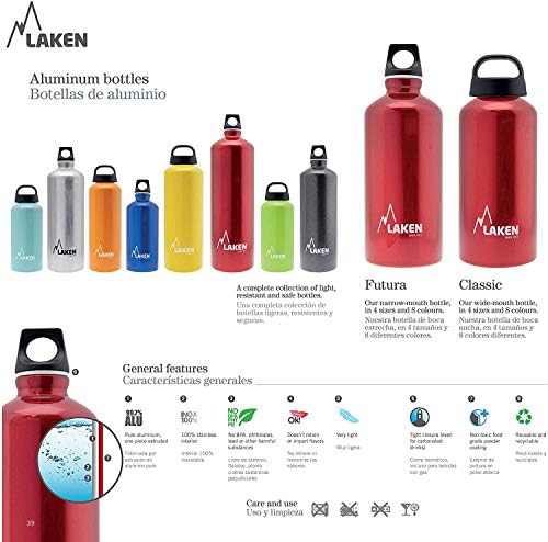Garrafas de água de metal de garrafa de alumínio Futura Laken - vários tamanhos | Boca estreita, tampa de parafuso com loop - à prova de vazamentos, livre de BPA, feita na Espanha