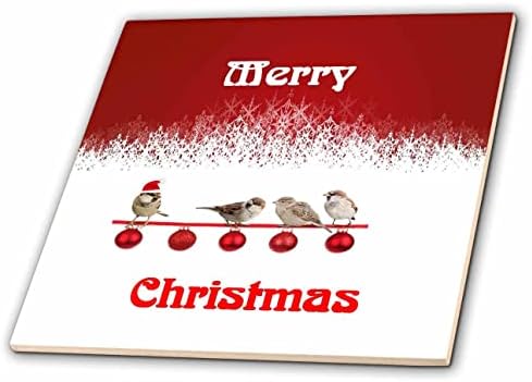 Imagem 3drose de pássaros sentam -se no ramo de ornamentos em um feliz natal vermelho e branco - azulejos