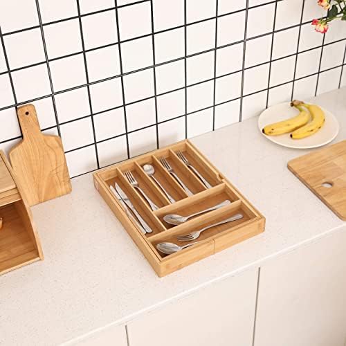 Organizador da gaveta de cozinha do Pengke Bamboo para suporte de utensílios, bandeja de talheres expansíveis com divisor, armazenamento