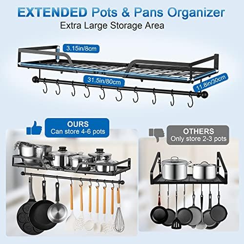 ETECHMART RATURA DE POTENDA PENDIDA, 3 E 1 PAN MOLHADO DE PAREDE com 10 ganchos, organizador de utensílios de cozinha de rack de prato pesado, prateleira de armazenamento de cozinha para utensílios, 2 Way de instalação, montagem fácil, preto