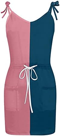 Mini vestido curto de iqka Bloco de cor de cor sexy spaghetti strap-g-grito bolsões de verão vestidos casuais vestidos