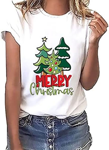 Blusa de Natal feminina Cartoon árvore e letra de letra Tees Tops Tops de mangas curtas T-shirts Pullover de Crewneck