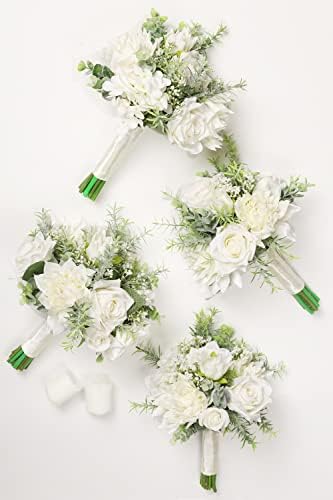 Ysucau White & Greenery Bridesmaid Bouquets para casamento, buquê de noiva de 7 polegadas de 7 polegadas jogando buquê rústico para a cerimônia de casamento vintage, conjunto de 4