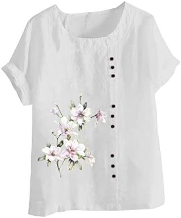 2023 Botão de algodão de linho de manga curta para cima Up Floral Graphic Grandized Lounge Blouse Shirt for Women Crew Neck Top
