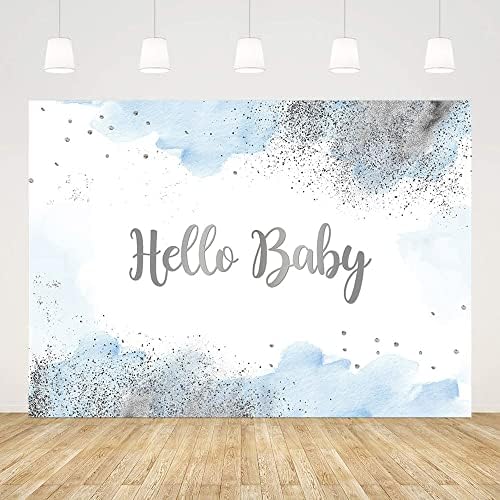Aibiin 7x5ft Hello Baby Beddrop para meninos azuis pastel aquarela Decorações de festa do chá de bebê prateadas oh doce bebê bolo