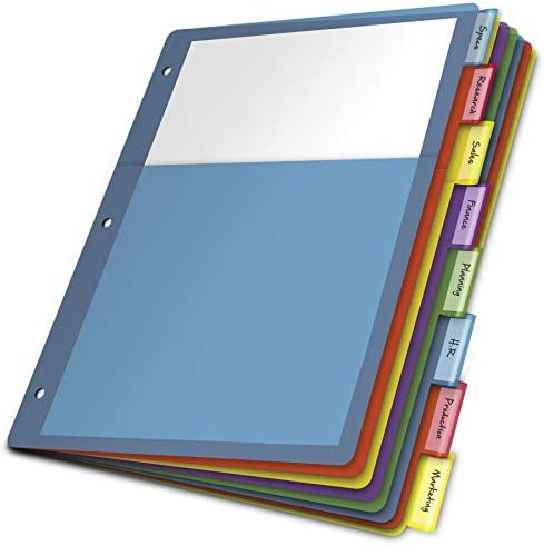 Divisores de fichário de plástico do cardeal 8 tab, um único bolso, guias multicoloridas inseráveis, tamanho da letra, 1 conjunto, variado