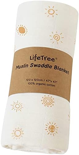 Lifetree Baby Muslin Swaddle Cobertors, algodão orgânico, grande 47 x 47 polegadas, panos de musselina impressão do sol para meninos e meninas