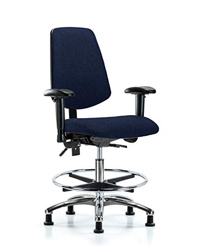 Labtech Seating LT42226 Cadeira de bancada média, tecido, base médio de base cromada/inclinação/braços/pé, desliza, marinha