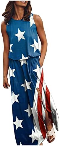 4 de julho Vestidos para mulheres bandeira americana Long Maxi Dress Boho Summer Slit Crewneck Beach Um vestido de verão