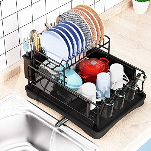 Rack de secagem de pratos de 1easil, conjunto de drenagem de rack de prato de cozinha compacto de duas camadas, um grande