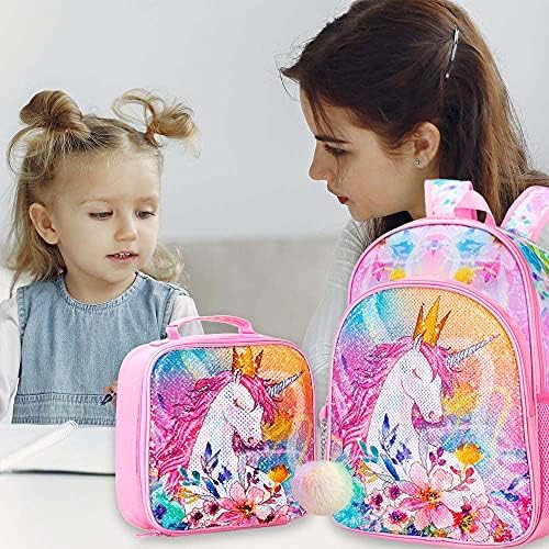 WZLVO 3PCS Unicorn Backpack for Girls, Livro escolar de 16 Kids Wehbag e lancheira para a criança do ensino fundamental