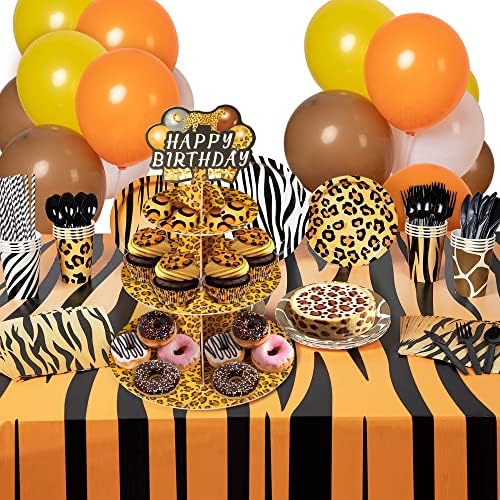 Haooryx leopard impressão decorações de festa cupcake stand, 3 camadas de leopardo tema tema cupcake torre de papelão donuts
