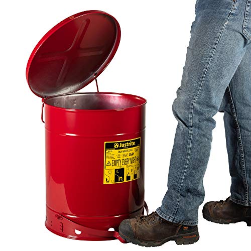 Justite 9500 Galvanized Aço oleoso Segurança de resíduos lata com alavanca de pé, capacidade de 14 galões, vermelho