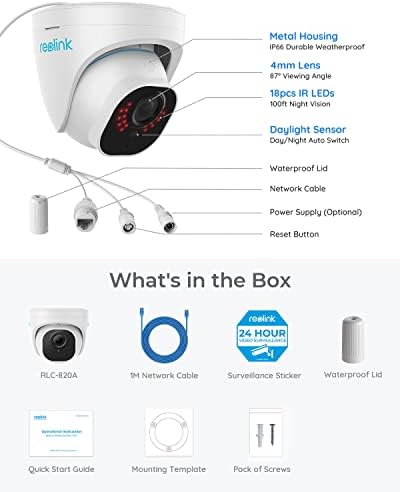Reolink 4K Câmeras ao ar livre para segurança doméstica, câmera de vigilância IP Poe Dome, Detecção Smart Human/Veículo,