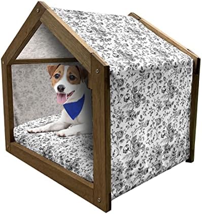 Lunarable Black and White Wooden Pet House, Roses de jardim com flores silvestres e folhas folhas de buquê monocromático,