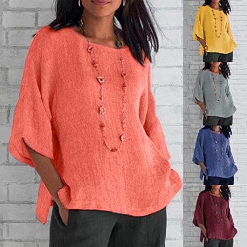 Blusa de linho de algodão de cor sólida feminina Moda de moda Casual Colhido 3/4 Mangas compridas pescoço redondo camisetas de ajuste