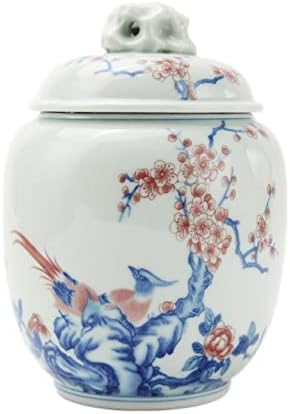 VOGUEDECO Blue e branco porcelana Caddy de chá, Magpie em pé em um ramo de Plum Blossom 9oz Tea Lasister, Conjunto de presentes