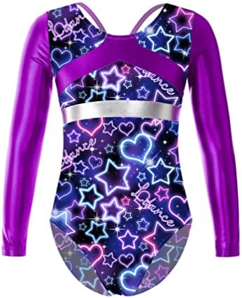 Yhong Kids Girls Meninas estilizadas dança estampada Unitards Shiny Metallic Colorblock Gymnastics Leotards de manga longa Bodysut.