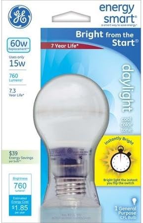 Pacote GE de 6 15w Energia CFL Smart Bulbo equivalente a 60W Daylight Cool Color Tom A19, Base E26 Média Padrão E26