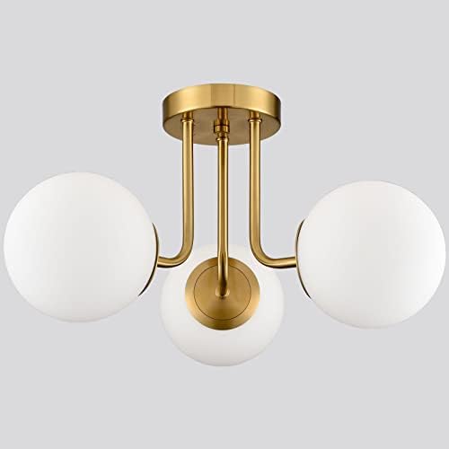 Shawnkey Modern Brass Gold Gold 3 Light Teto Light com Globe White Glass Shade Semi Flutue Mount Teto Luz para sala de