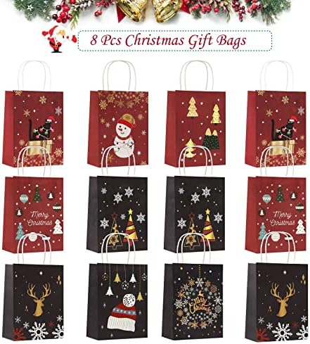 Janeriw Christmas Presente Sacos, 12 PCs Kraft Gift Sachs com alças, estampas clássicas de natal sacolas para favores de festas de