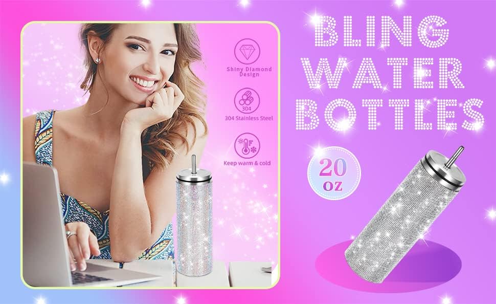 Garrafa de água glitter, xícara de brilho de 20 onças de diamante garrafa de água strass de aço inoxidável Copo com tampa