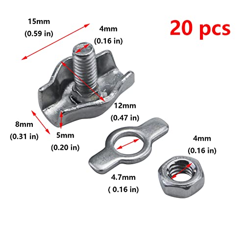 Antrader M2 304 Aço inoxidável Fio de cabo de clipe Pacote de garfos de 20, para cabo de fio de 1/16 de diâmetro