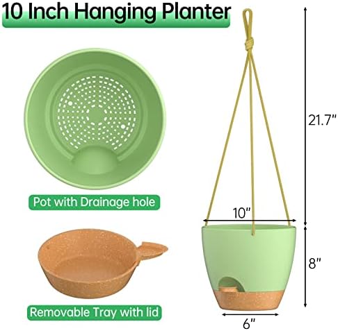 Zmtech 2 pacote de 10 polegadas Plantadores pendurados com rega lábio de água com rega de água com orifícios de drenagem e vaso de flores de plástico de pires removíveis para plantas externas internas