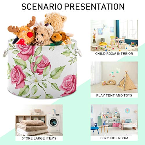 Pink Rose Plant Toy Toy Toy Round Canvas Organizador Cesto de cesta de armazenamento à prova d'água para crianças quarto