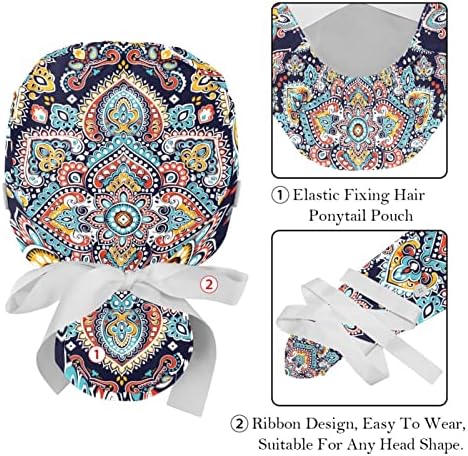 Capas de limpeza ajustáveis, 2 pacotes Bohemia Flower Geometry Padrão de trabalho Tampa de cabelo com bolsa de rabo de