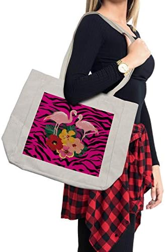 Bolsa de compras de zebra rosa de Ambesonne, Flamingos de amor exótico no fundo listrado de bouquet Hibiscus, saco reutilizável