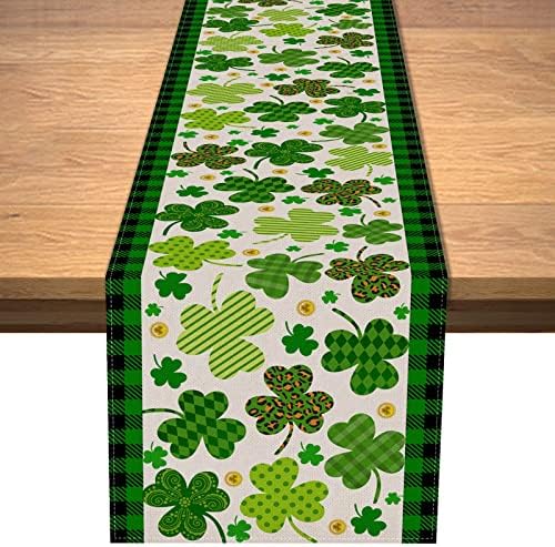 Lucky Clover Shamrock Table Runner Runner St. Patrick's Day de Buffalo Verde Verificação da xadrez Plaid Non Slip Retângulo Decoração