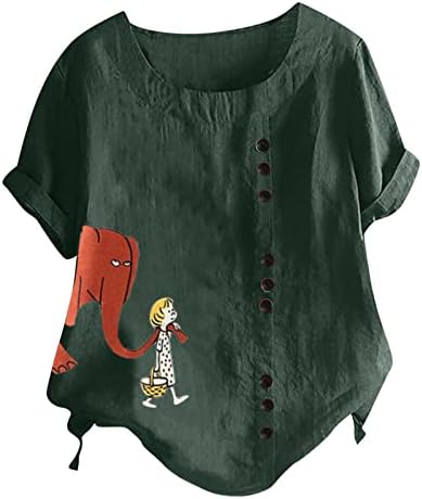 Camas de t para mulheres linho de algodão fofas tshirts de verão no pescoço redondo tampos de manga curta Botões de tamanho