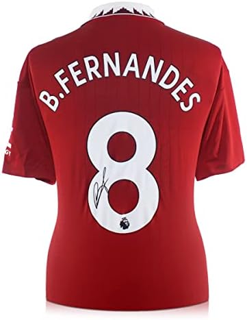Memorabilia exclusiva Bruno Fernandes assinou o Manchester United 2022-23 Jersey de futebol. Quadro padrão