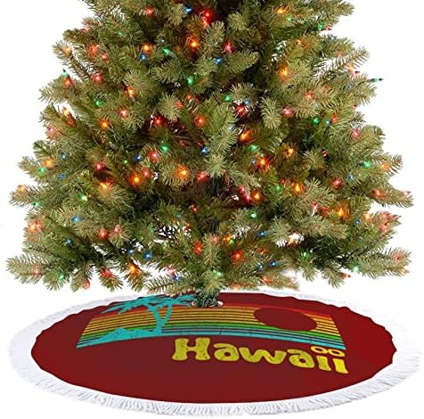 80s Retro vintage Hawaii Christmas Tree Skirt Tree Base Tampa com borlas para festa de férias Decoração de natal 48 x48