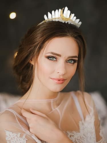 Campsis Raw Crystal Quartz Tiara Bandeira Dourado Gão Gem Naturação Lua Deusa Coroa da Coroa de Bruxa Mada Acessórios para Cabelos