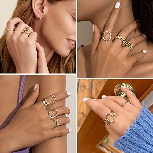 Haiíso 16pcs Gold Chunky Dome Ring Conjunto para mulheres meninas 18K Gold Braed Twisted Twisted Round Signet Link Anéis